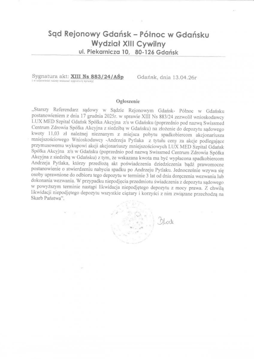 Ogłoszenie Sądu Rejonowego Gdańsk - Północ w Gdańsku Wydział XIII Cywilny
