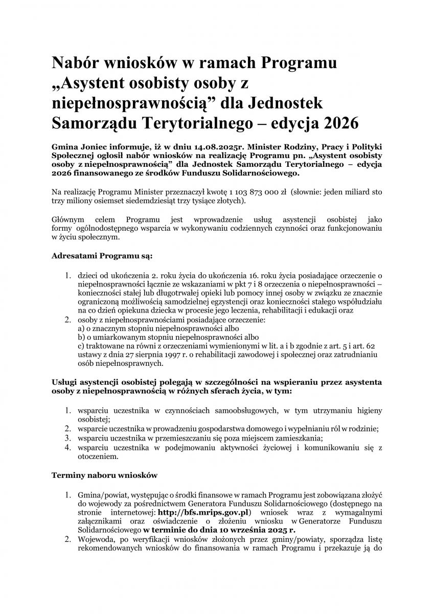 Nabór wniosków w ramach Programu „Asystent osobisty osoby z niepełnosprawnością” dla Jednostek Samorządu Terytorialnego – edycja 2026