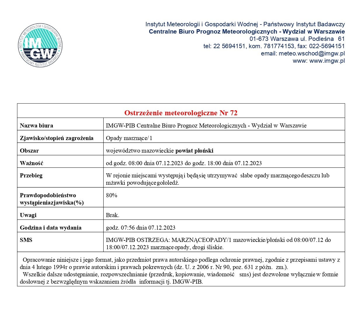 Ostrzeżenie meteorologiczne Nr 72 z dnia 07.12.2023 r.