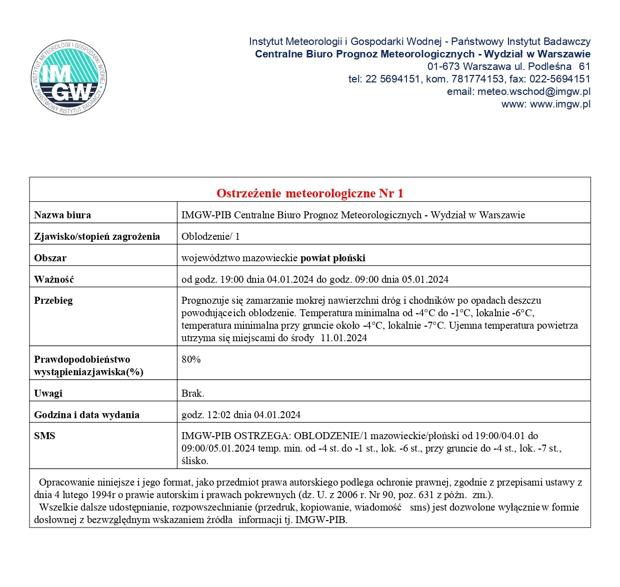 Ostrzeżenie meteorologiczne Nr 1 z dnia 04.01.2024 r.