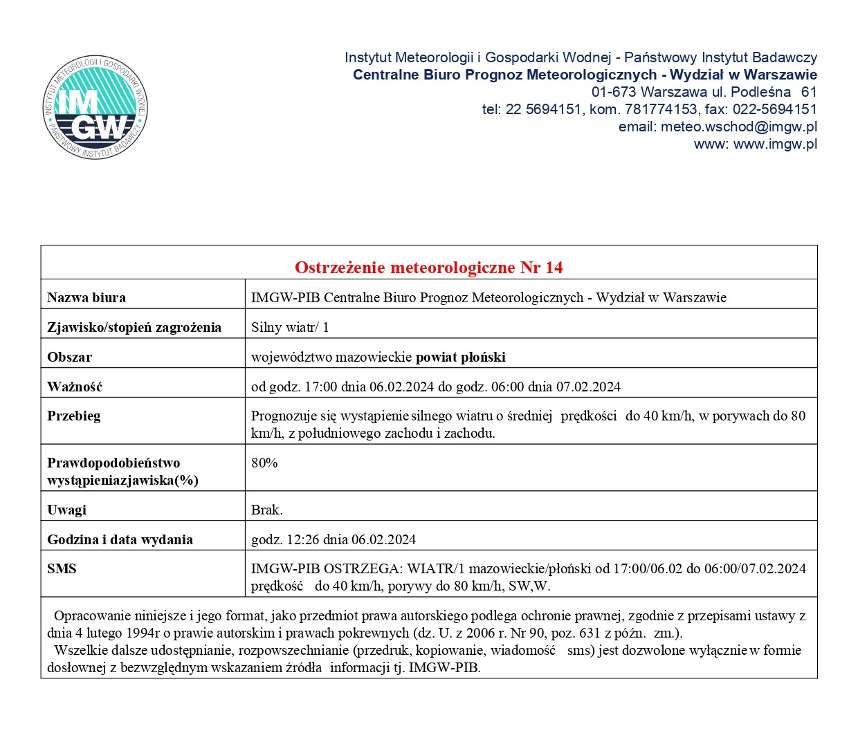 Ostrzeżenie meteorologiczne Nr 14 z dnia 06.02.2024 r.