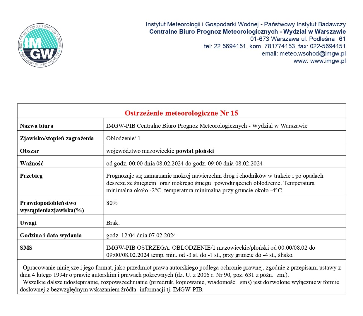 Ostrzeżenie meteorologiczne Nr 15 z dnia 07.02.2024 r.