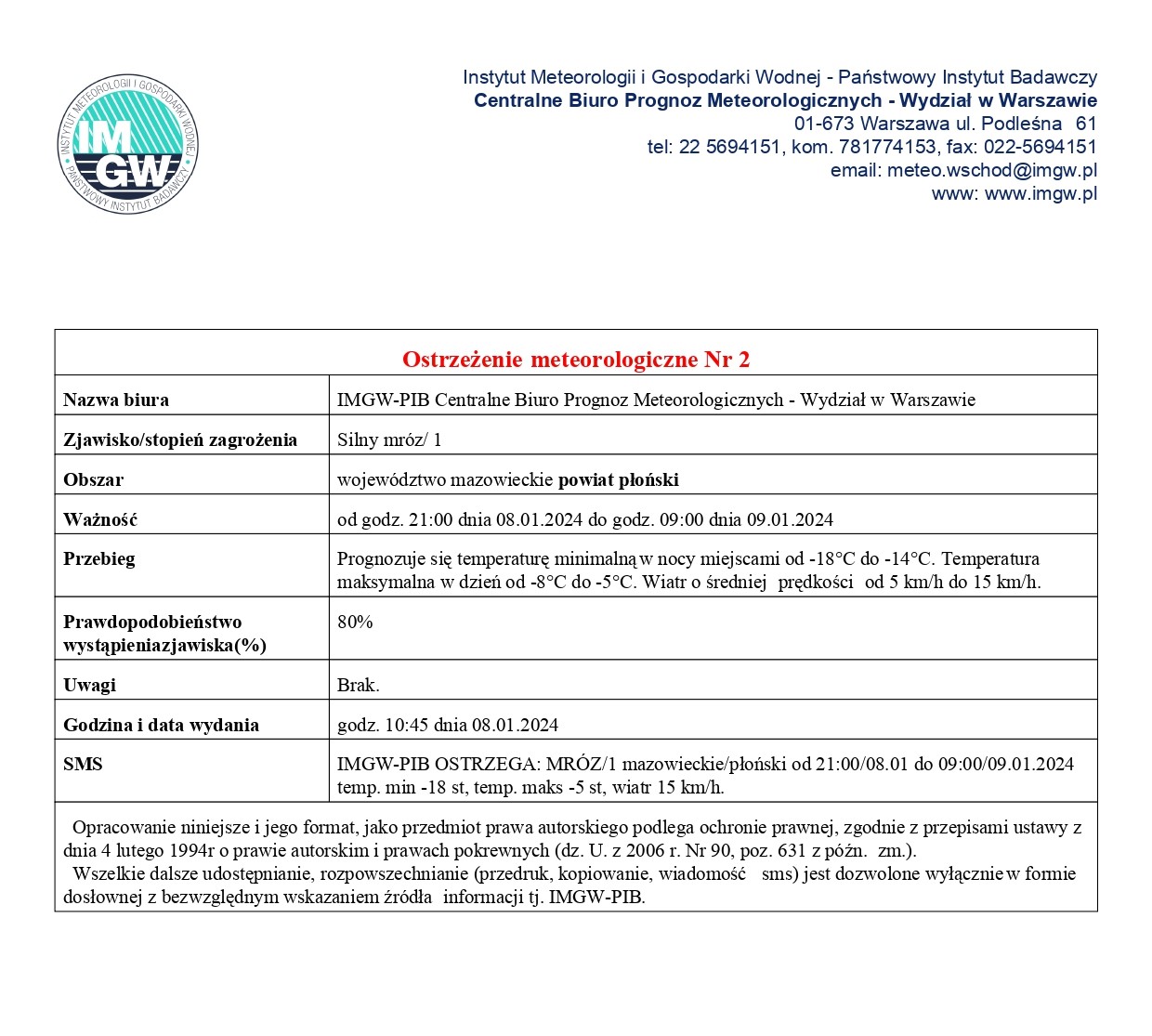 Ostrzeżenie meteorologiczne Nr 2 z dnia 08.01.2024 r.