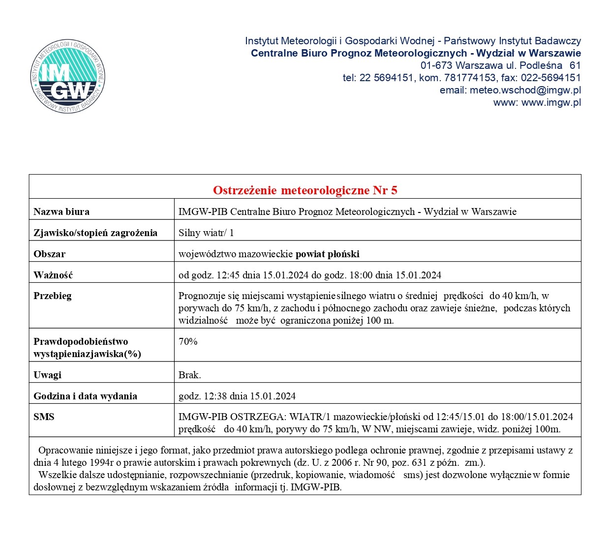 Ostrzeżenie meteorologiczne Nr 5 z dnia 15.01.2024 r.