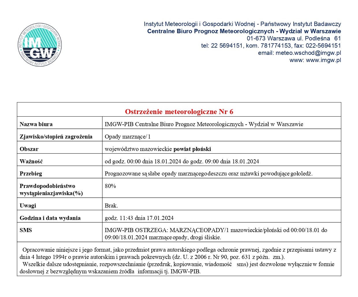 Ostrzeżenie meteorologiczne Nr 6 z dnia 17.01.2024 r.