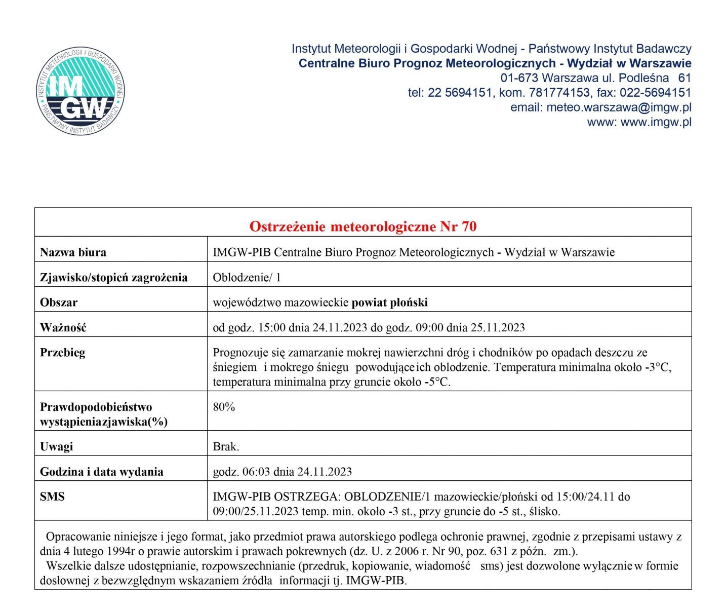 Ostrzeżenie meteorologiczne Nr 70 z dnia 24.11.2023