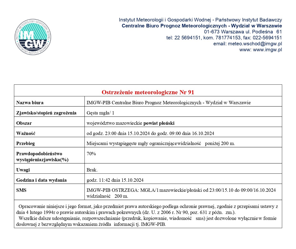 Ostrzeżenie meteorologiczne Nr 91 z dnia 15.10.2024 r.