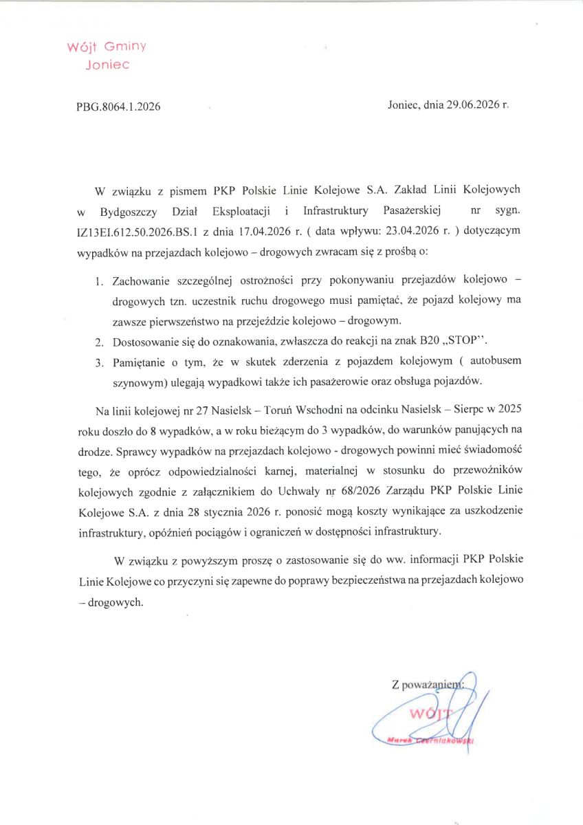 Prośba Wójta Gminy Joniec o zachowanie szczególnej ostrożności na przejazdach kolejowo- drogowych