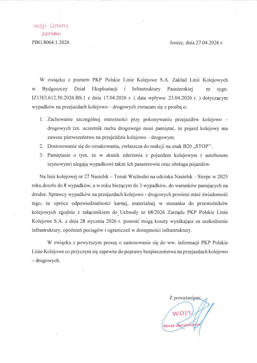 Prośba Wójta Gminy Joniec o zachowanie czujności i ostrożności na przejazdach kolejowych