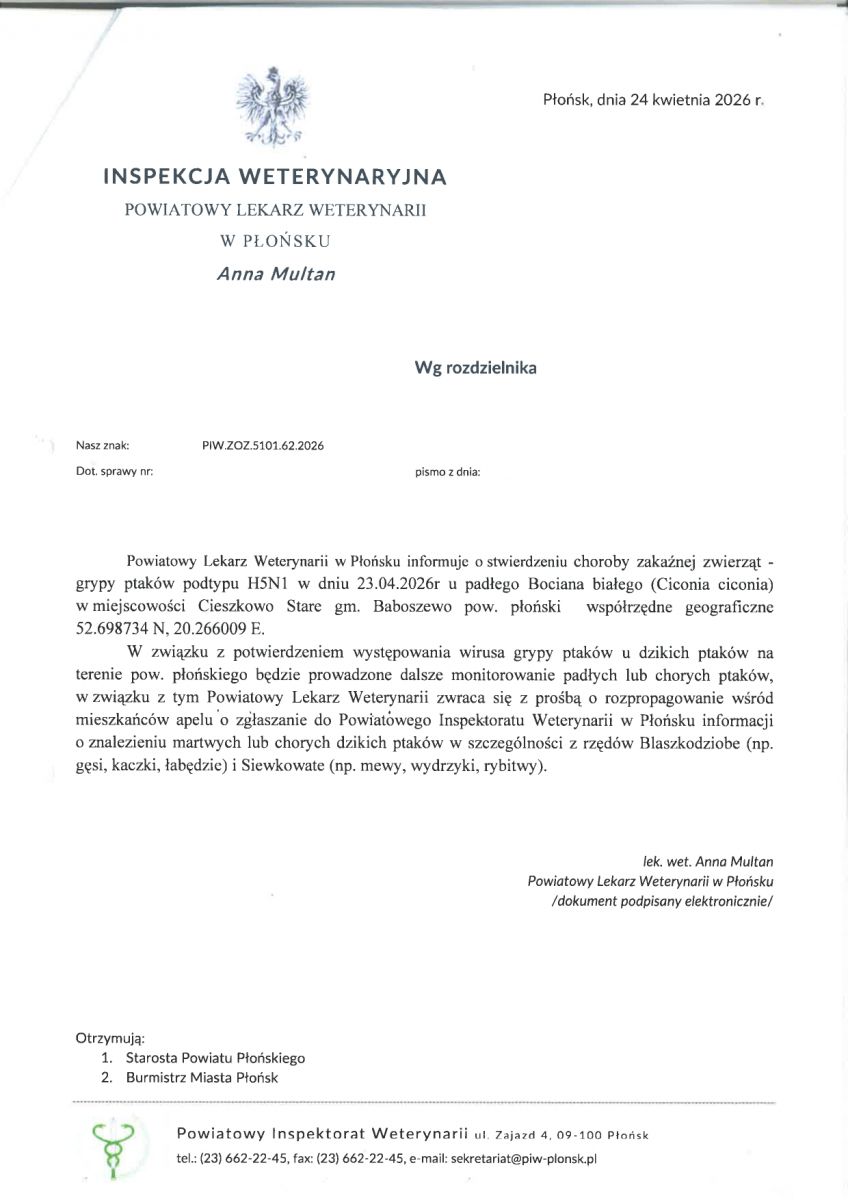 Zawiadomienie Powiatowego Lekarza Weterynarii w Płońsku o stwierdzeniu choroby zakaźnej zwierząt - grypy ptaków