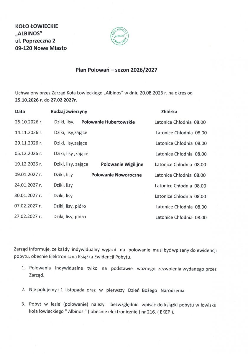 Plan polowań zbiorowych Koła Łowieckiego 