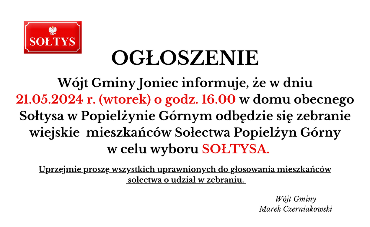Zaproszenie na zebranie wiejskie mieszkańców Sołectwa Popielżyn Górny w celu wyboru SOŁTYSA