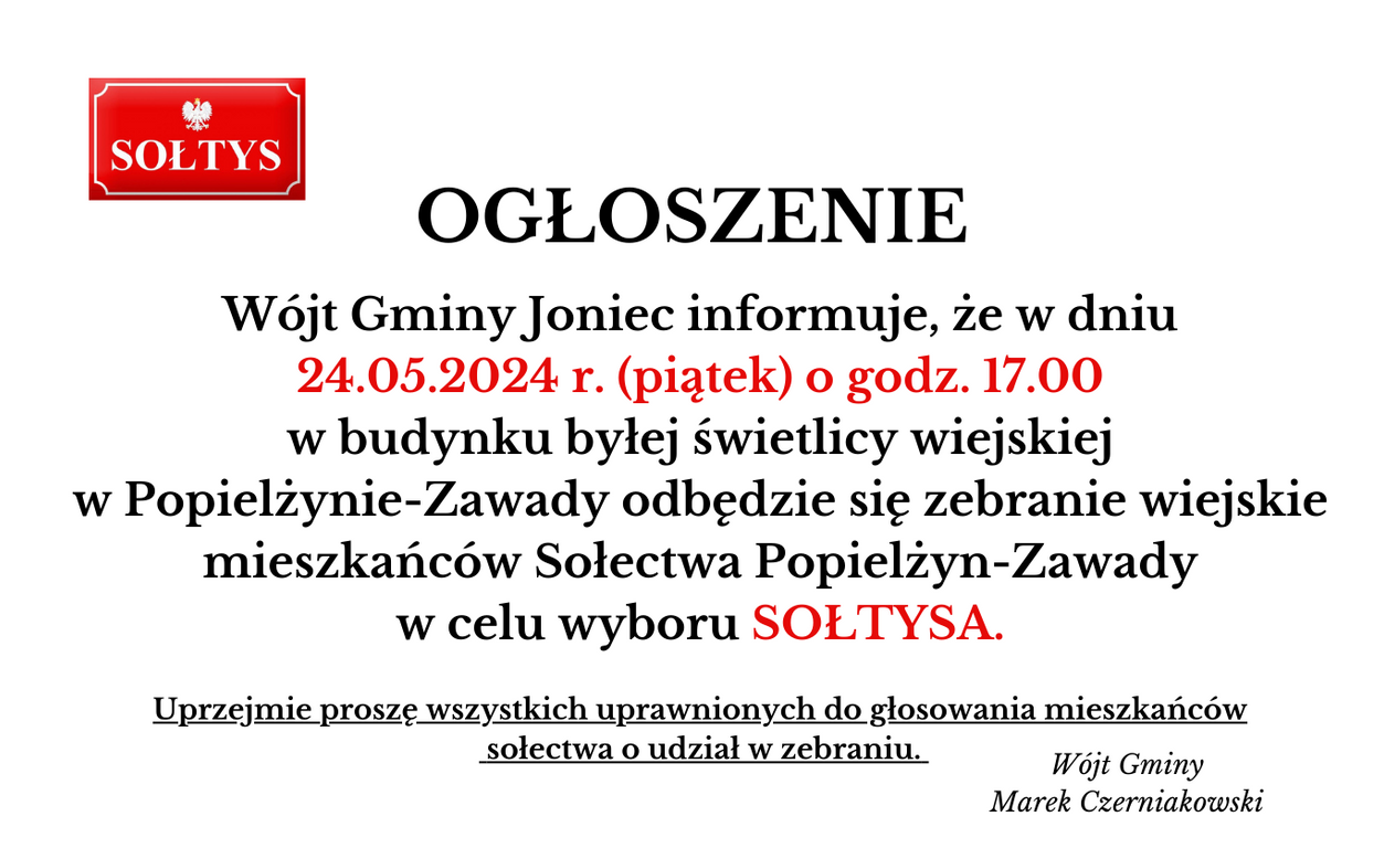 Zaproszenie na zebranie wiejskie mieszkańców Sołectwa Popielżyn-Zawady w celu wyboru SOŁTYSA