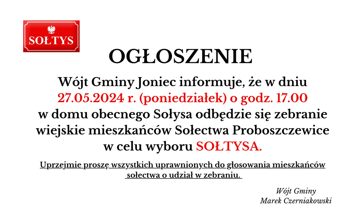 Zaproszenie na zebranie wiejskie mieszkańców Sołectwa Proboszczewice w celu wyboru SOŁTYSA