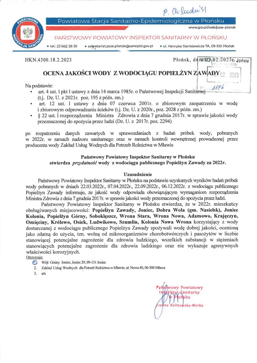 Ocena jakości wody z wodociągu Popielżyn-Zawady
