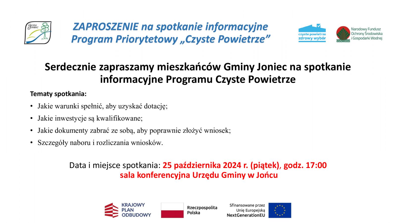 Zaproszenie na spotkanie informacyjne - Program Czyste Powietrze