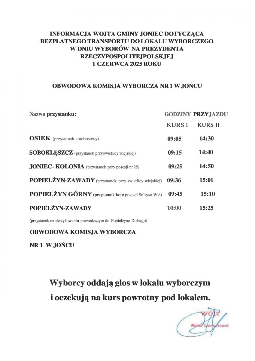 Informacja Wójta Gminy Joniec dotycząca bezpłatnego transportu do lokalu wyborczego w dniu wyborów na Prezydenta Rzeczypospolitej Polskiej 1 czerwca 2025 roku.