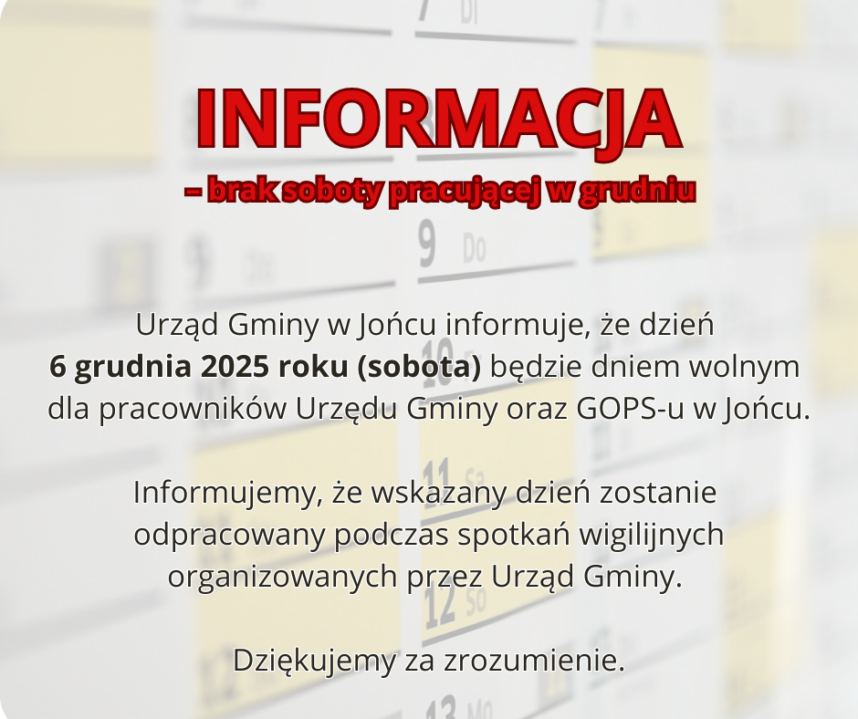 Informacja - brak soboty pracującej w grudniu