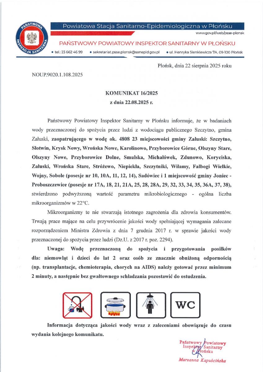 WAŻNY KOMUNIKAT DLA MIESZKAŃCÓW PROBOSZCZEWIC