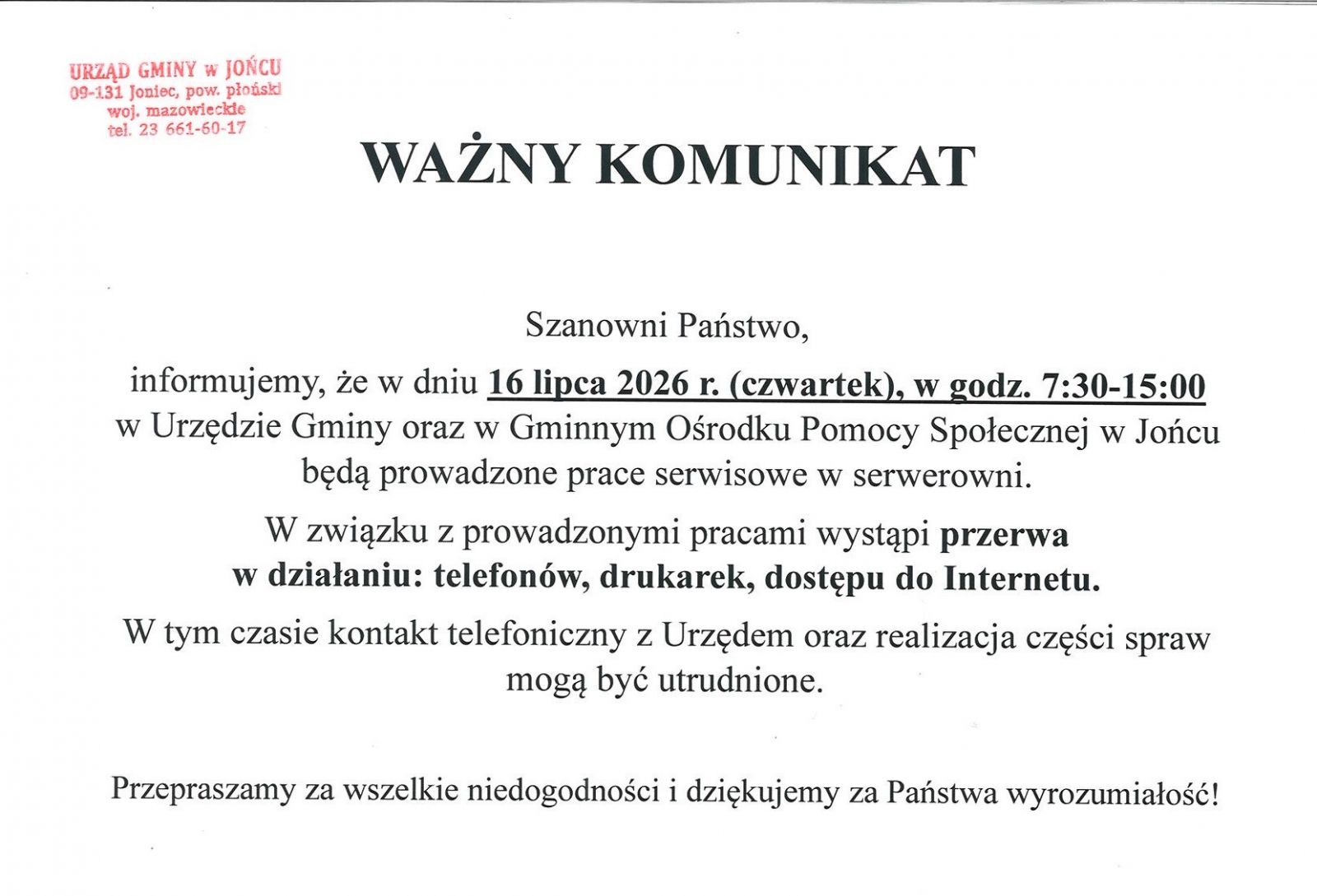 Ważny komunikat - przerwa w działaniu telefonów, drukarek oraz dostępu do Internetu w dniu 16.07.2026 r. w UG oraz GOPS w Jońcu