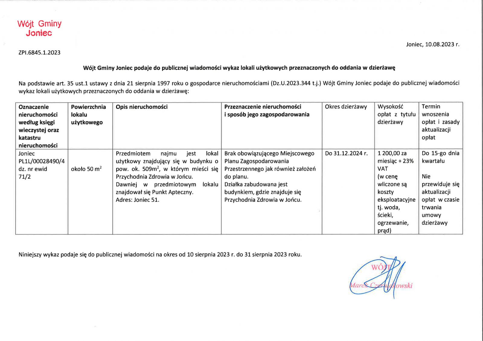 Wykaz lokali użytkowych przeznaczonych do oddania w dzierżawę