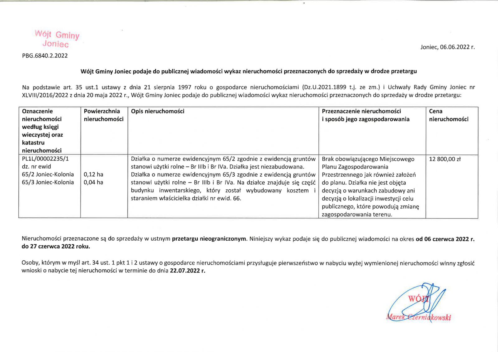 Wójt Gminy Joniec podaje do publicznej wiadomości wykaz nieruchomości przeznaczonych do sprzedaży w drodze przetargu