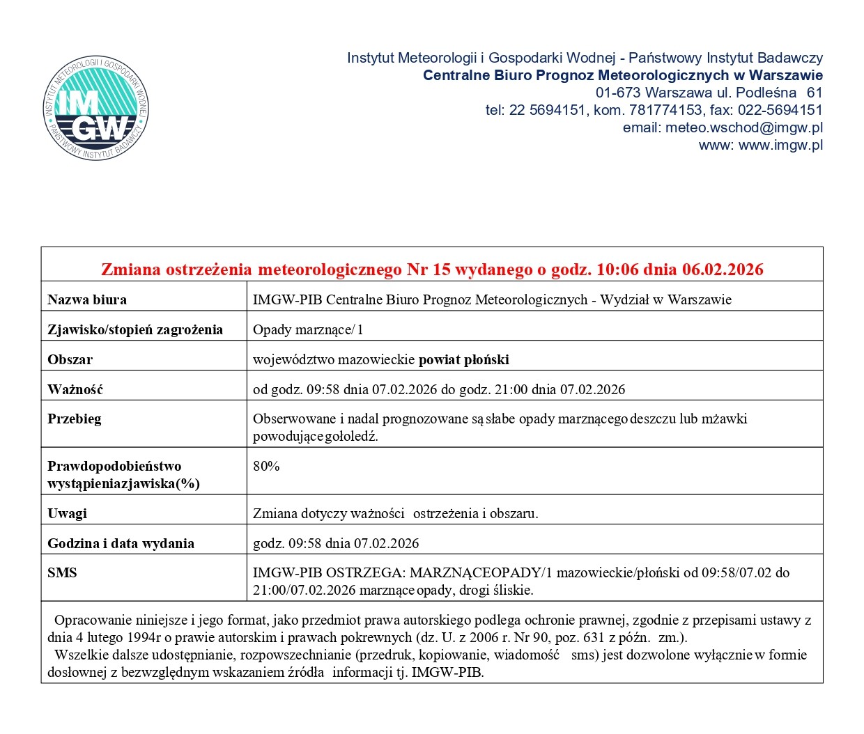 Zmiana ostrzeżenie meteorologicznego Nr 15 z dnia 06.02.2026