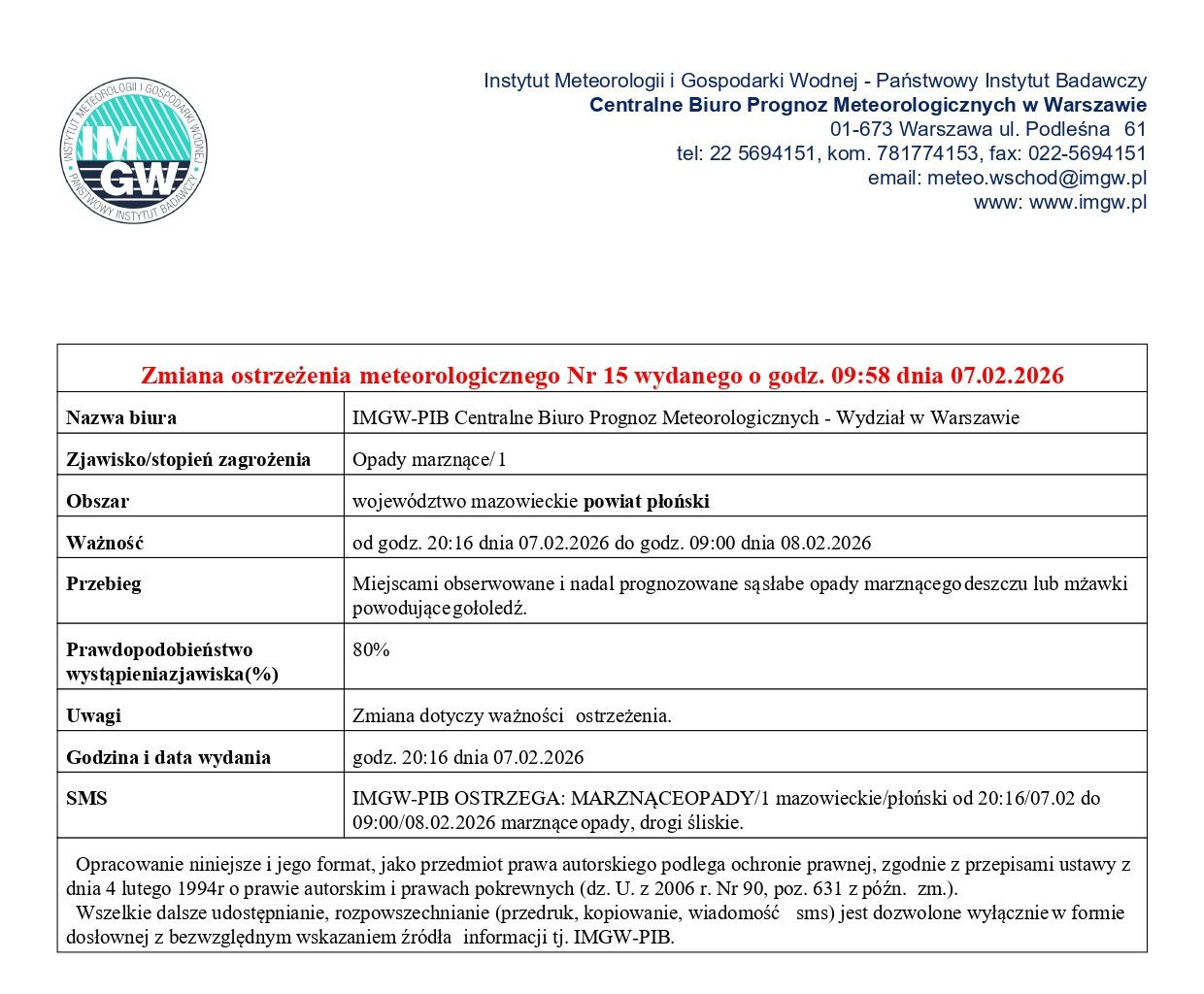 Zmiana ostrzeżenie meteorologicznego Nr 15 z dnia 07.02.2026