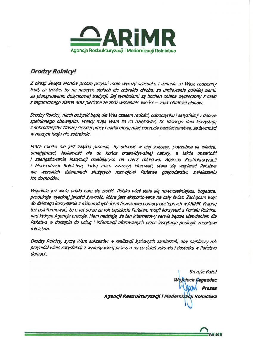  Agencja Restrukturyzacji i Modernizacji Rolnictwa składa rolnikom życzenia z okazji Święta Plonów!!