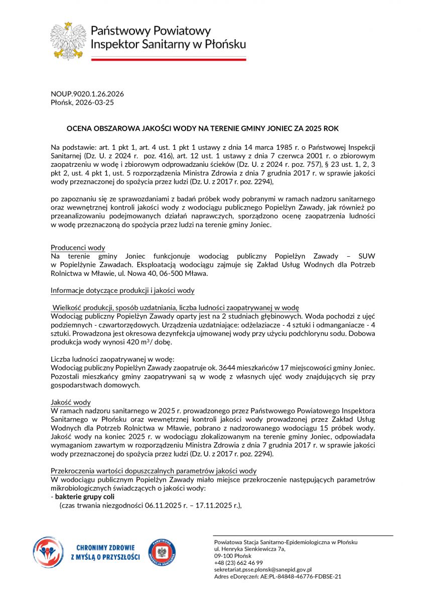 Ocena obszarowa jakości wody na terenie gminy Joniec za 2025 rok.