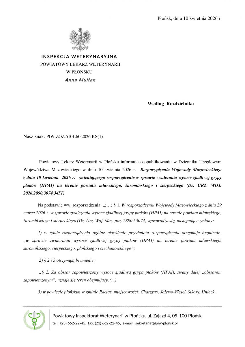 Pismo Powiatowego Lekarza Weterynarii w Płońsku dotyczące zmiany Rozporządzenia HPAI