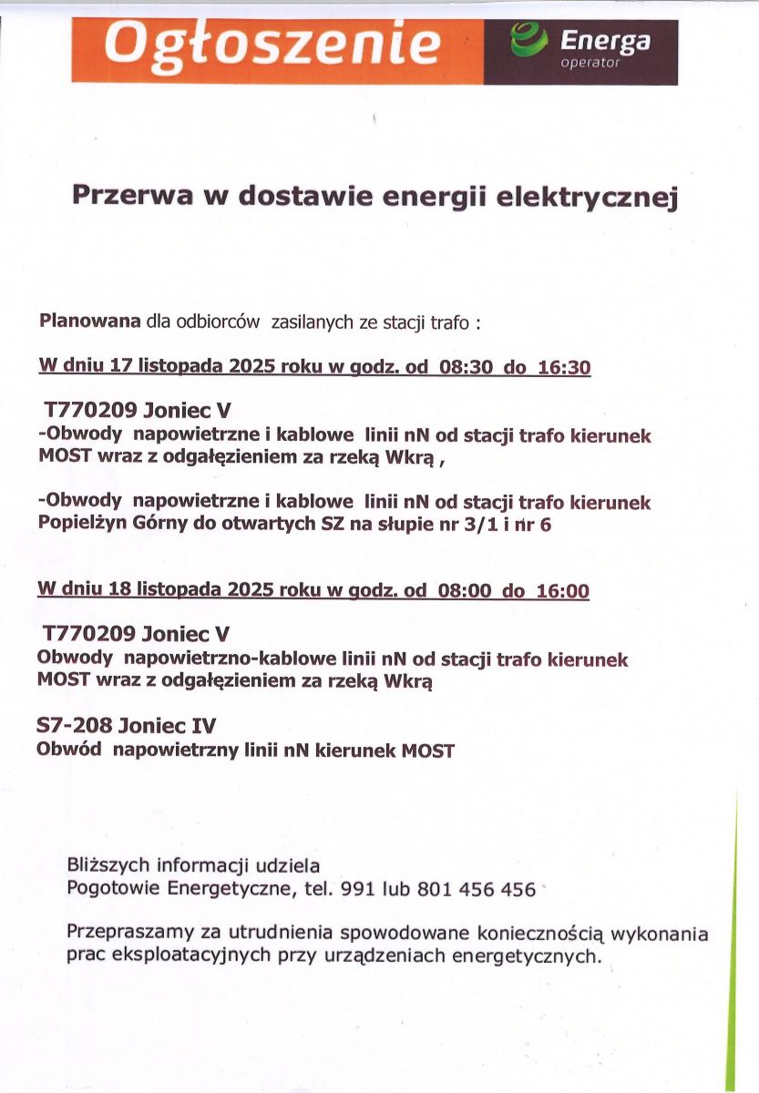Przerwa w dostawie enegii elektrycznej w dniach 17 i 18 listopada 2025 r. -dotyczy mieszkańców miejscowości Joniec