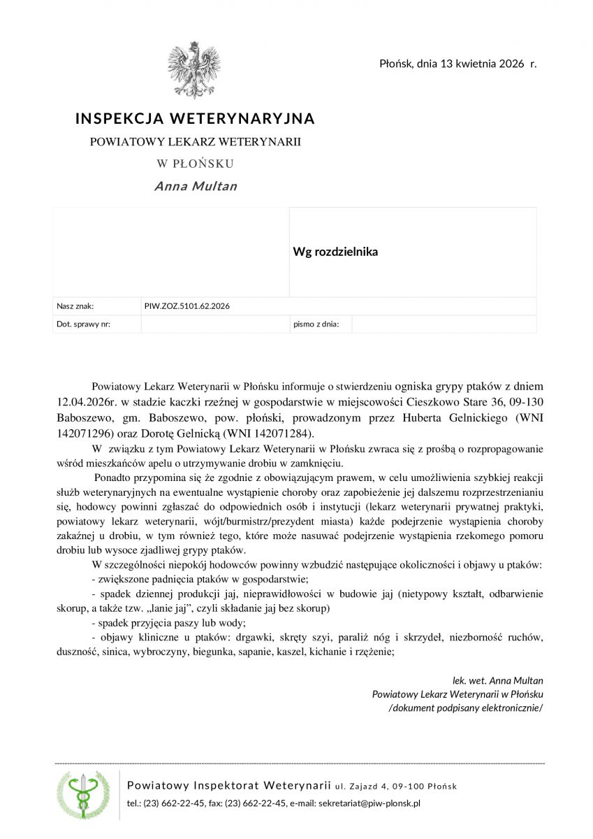 Informacja Powiatowego Lekarza Weterynarii w Płońsku o stwierdzeniu ogniska grypy ptaków