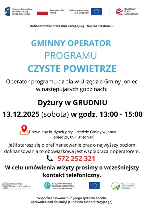Dyżury Operatora Programu Priorytetowego Czyste Powietrze - grudzień