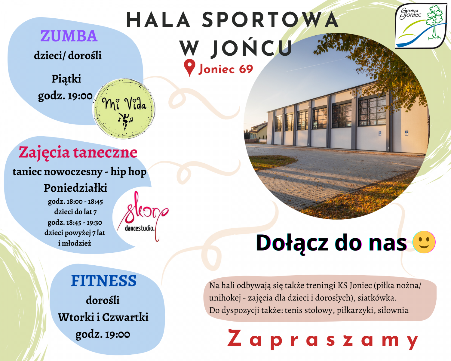 Zapraszamy na zajęcia prowadzone na hali sportowej w Jońcu