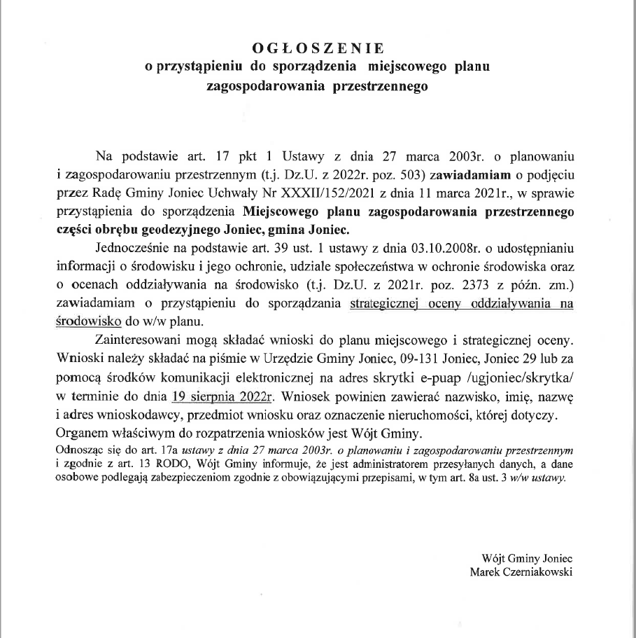 Ogłoszenie o przystąpieniu do planu zagospodarowania przestrzennego