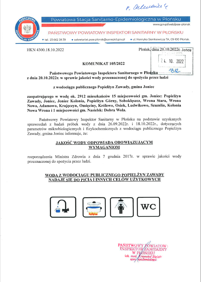 Komunikat o jakości wody