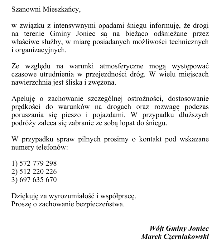 Komunikat Wójta Gminy Joniec z dnia 31.12.2025 r.