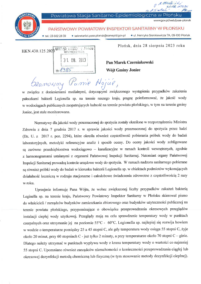 Informacja Państwowej Stacji Sanitarno - Epidemiologicznej o monitorowaniu jakości wody