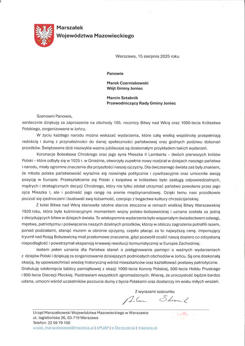 List Marszałka Województwa Mazowieckiego z okazji obchodów 105. rocznicy Bitwy nad Wkrą oraz 1000-lecia Królestwa Polskiego