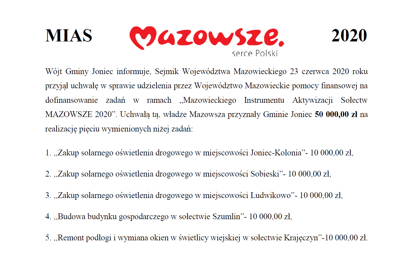 Dofinansowanie dla sołectw w ramach Mazowieckiego Instrumentu Aktywizacji Sołectw MAZOWSZE 2020