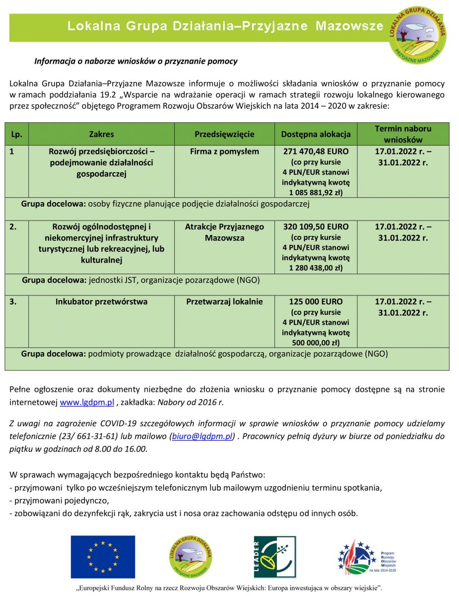Informacja o naborach wniosków o przyznanie pomocy