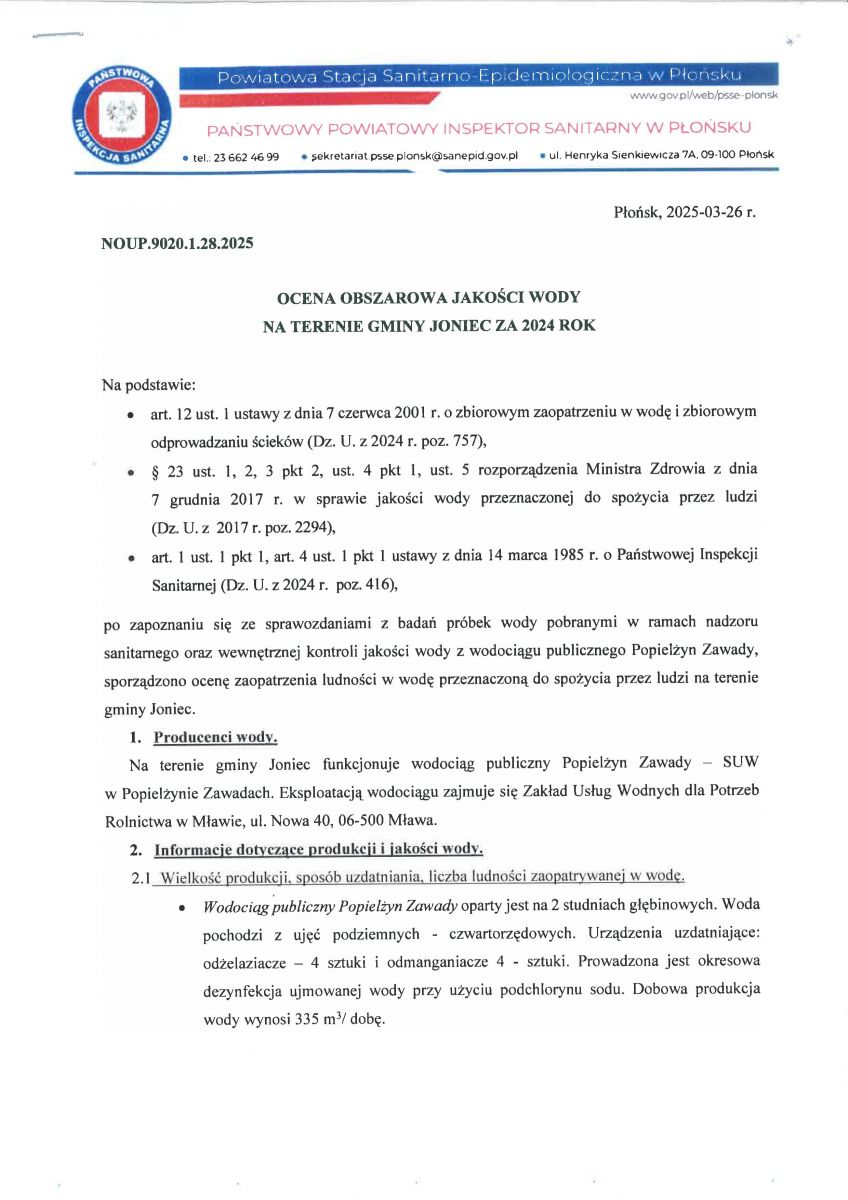 Ocena obszarowa jakości wody na terenie Gminy Joniec za 2024 rok