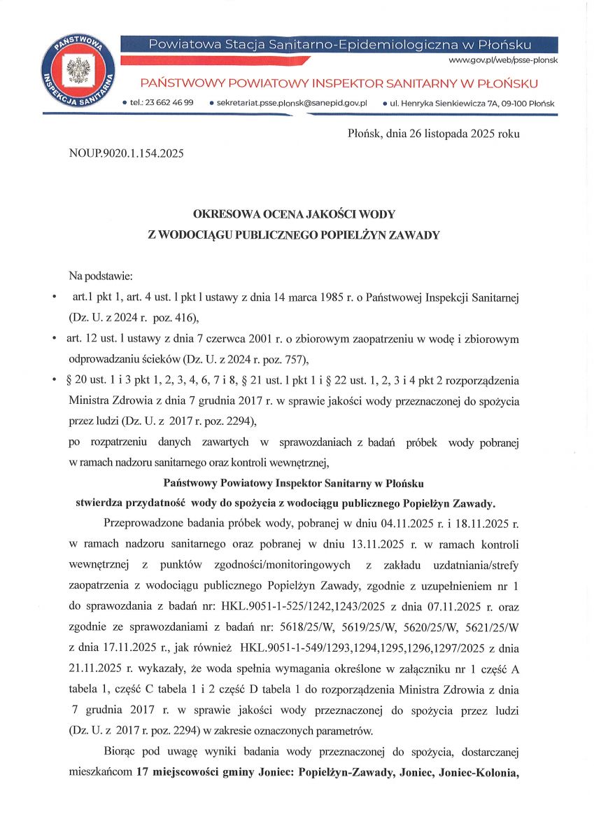 Okresowa ocena jakości wody z wodociągu publicznego Popielżyn- Zawady