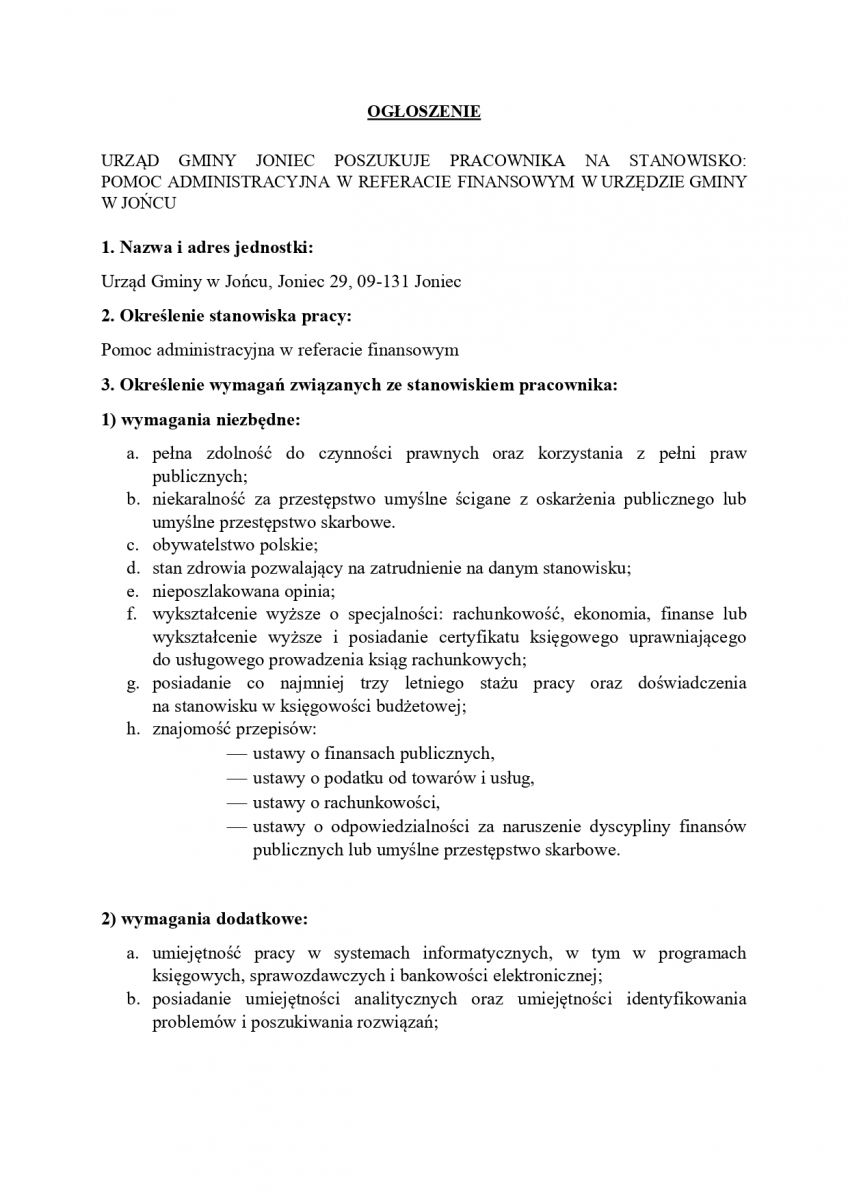 Ogłoszenie - nabór na stanowisko: pomoc administracyjna w referacie finansowym w Urzędzie Gminy w Jońcu