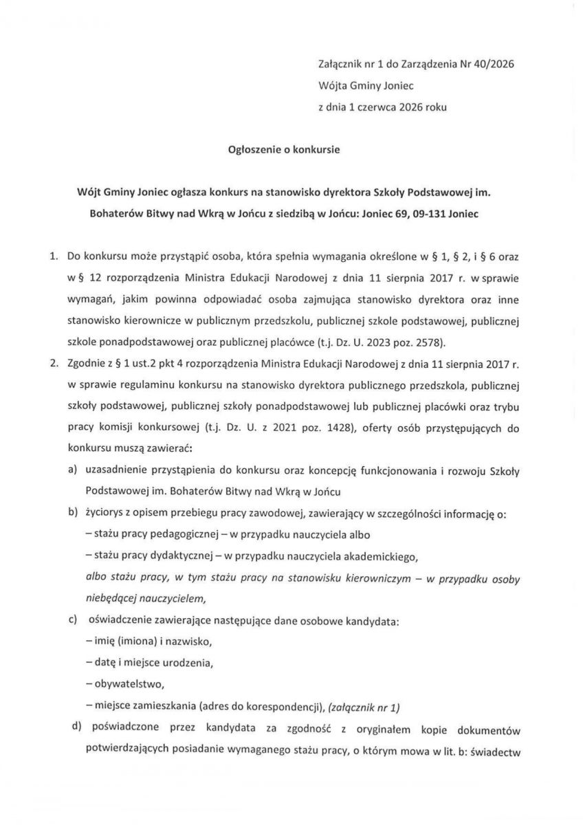 Ogłoszenie o konkursie na stanowisko dyrektora Szkoły Podstawowej im. Bohaterów Bitwy nad Wkrą w Jońcu