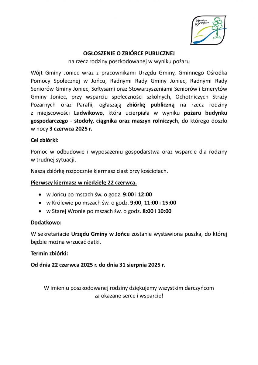 Ogłoszenie o zbiórce publicznej na rzecz rodziny z Ludwikowa (gm. Joniec) poszkodowanej w wyniku pożaru