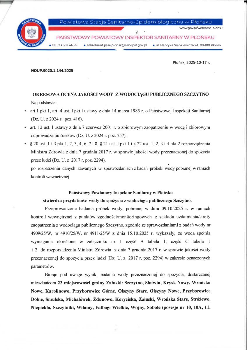 Okresowa ocena jakości wody z wodociągu publicznego w Szczytnie
