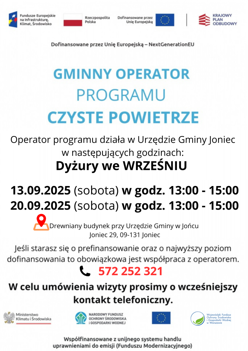 Dyżury Operatora oraz Punktu Konsultacyjno- Informacyjnego Programu Czyste Powietrze