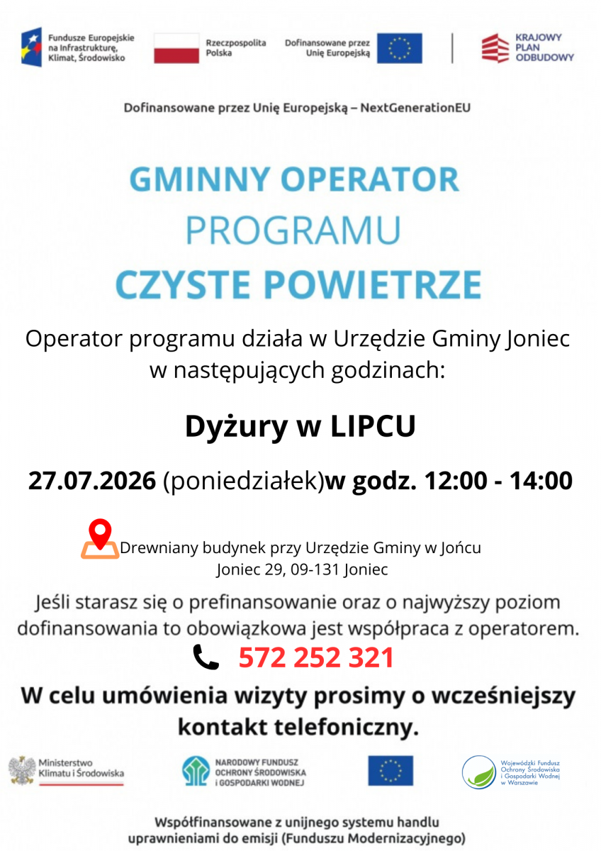 Dyżury Operatora Programu Priorytetowego Czyste Powietrze oraz PKI - lipiec 2026